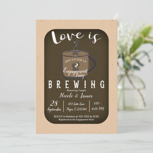 LOVE IS BREWING Coffee Cafe Engagement Party Kaart (Staand voorkant)