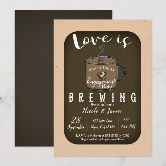 LOVE IS BREWING Coffee Cafe Engagement Party Kaart (Voorkant / Achterkant)