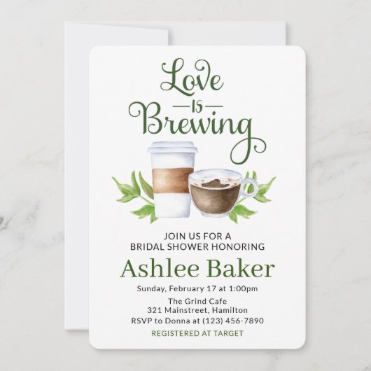 Love is Brewing Coffee Cup Vrijgezellenfeest Kaart (Voorkant)