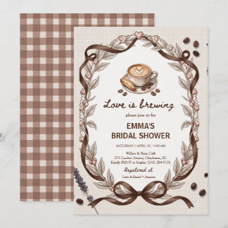 Love Is Brewing Coffee Gingham Bruiloftsfeest Kaart