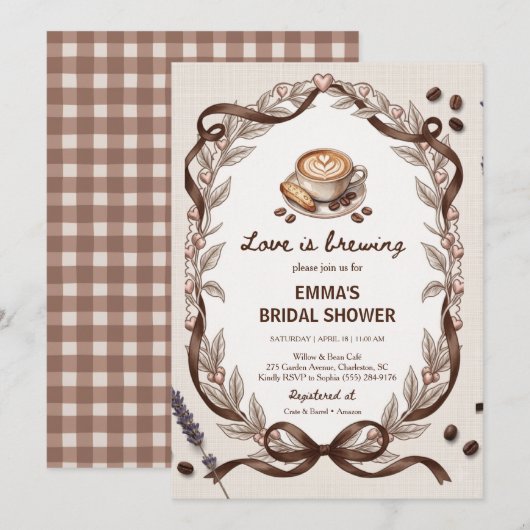 Love Is Brewing Coffee Gingham Bruiloftsfeest Kaart (Voorkant / Achterkant)