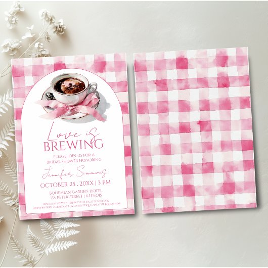 Love Is Brewing Coffee Pink Bow Bridal Shower Kaart