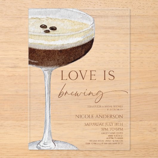 Love Is Brewing Expresso Martini Bridal Shower Acryl Uitnodigingen (Voorkant)