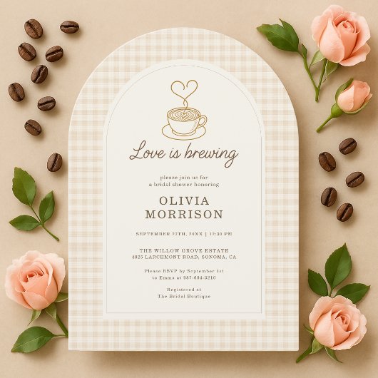 Love is Brewing Gingham Coffee Bridal Shower Kaart