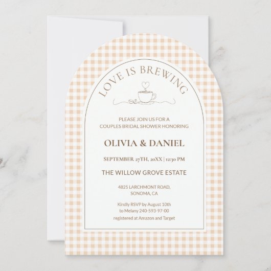Love Is Brewing Gingham Coffee Couples Shower Kaart (Voorkant)