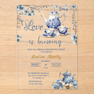 Love is Brewing Party Delfts Blauw Bloemen Chinois Acryl Uitnodigingen
