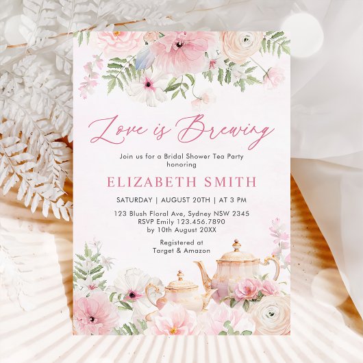 Love is Brewing Pink Floral Tea Vrijgezellenfeest Kaart