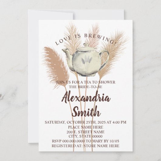 Love is Brewing Tea Vrijgezellenfeest Pampas Grass Kaart (Voorkant)