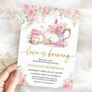 Love Is Brewing Thee Bruiloft Feest Roze Bloem Chi Kaart