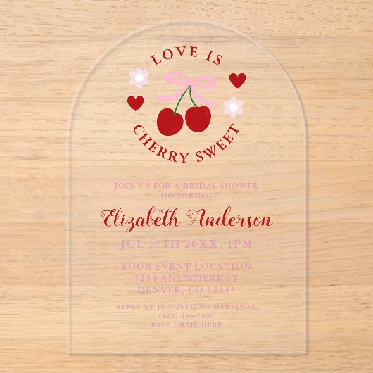Love Is Cherry Sweet Bridal Shower Acryl Uitnodigingen (Voorkant)
