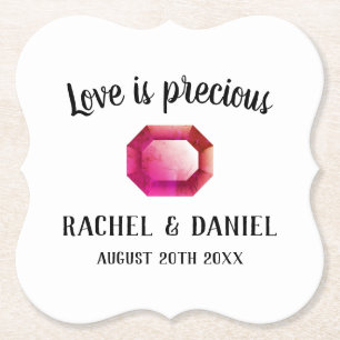 Love is edele roze gemstone bruiloft party kartonnen onderzetters