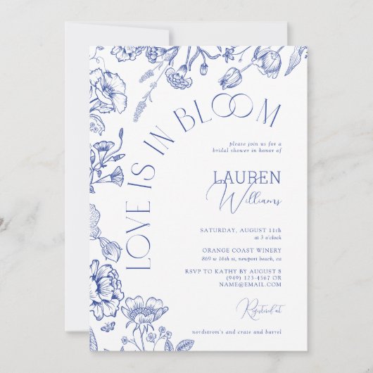 Love Is In Bloom Blue Floral Script Vrijgezellenfe Kaart (Voorkant)