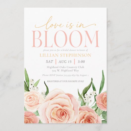 Love Is In Bloom Blush Pink Floral Bridal Shower Kaart (Voorkant)