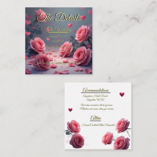 Love is in Bloom Details Pink Roses Wedding Invite Informatiekaartje (Voorkant / Achterkant)