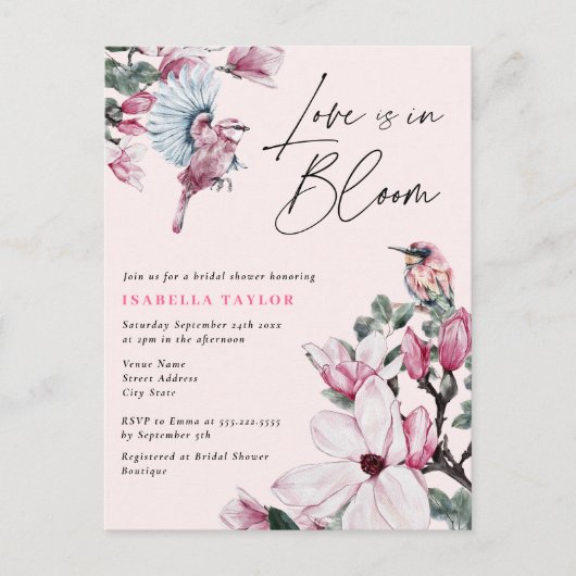 Love is in Bloom Floral Birds Budget Vrijgezellenf Uitnodiging Briefkaart (Voorkant)
