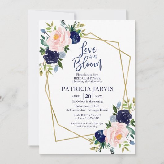 Love Is In Bloom Navy Blue Floral Vrijgezellenfees Kaart (Voorkant)