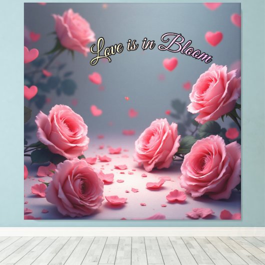 Love is in Bloom Pink Roses Romantic Valentine's Canvas Afdruk (Insitu (Houten vloer))