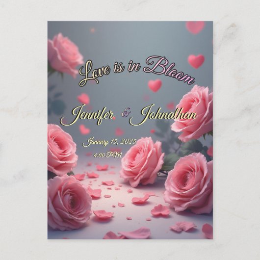 Love is in Bloom Pink Roses Save the Date Wedding Briefkaart (Voorkant)