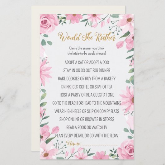 Love is in Bloom Shower Would She Rather Game (Voorkant / Achterkant)