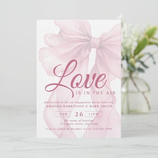 Love Is In The Air Bow Mauve Engagement Party Kaart (Staand voorkant)