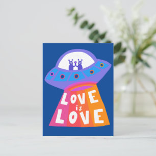 LOVE IS LOVE-ruimteschip Aliens kleurrijke regenbo Briefkaart