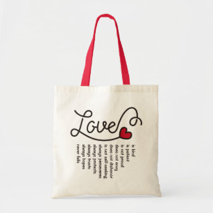 Love is Patiënt-achtige Typografie Red Heart Verse Tote Bag