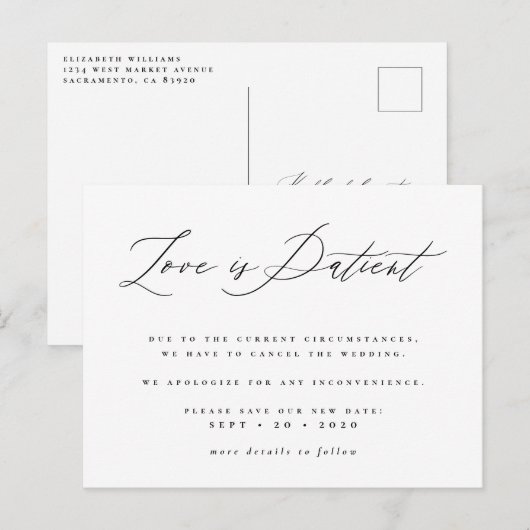 Love is Patient Black & White Postponed Wedding Uitnodiging Briefkaart (Voorkant / Achterkant)