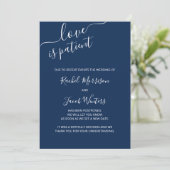 Love is Patient Blue and White Script Postponement Aankondiging (Staand voorkant)