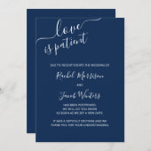Love is Patient Blue and White Script Postponement Aankondiging (Voorkant / Achterkant)