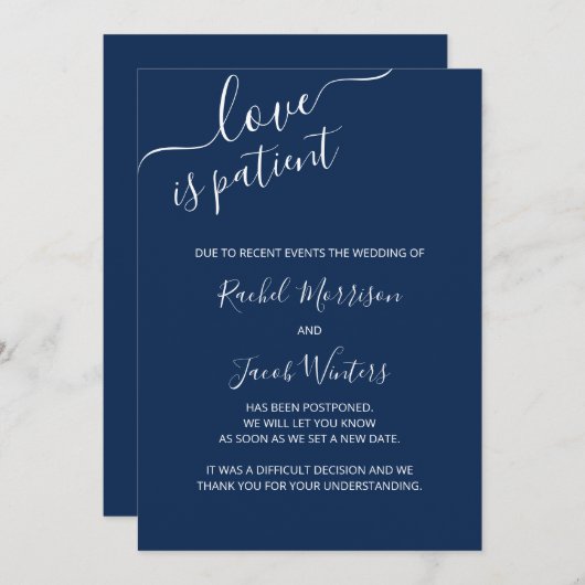 Love is Patient Blue and White Script Postponement Aankondiging (Voorkant / Achterkant)