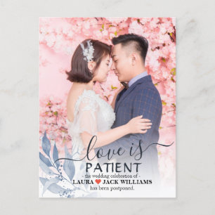 Love is Patient Blue Leaf Wedding Postponed Photo Aankondigingskaart