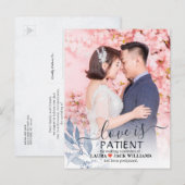 Love is Patient Blue Leaf Wedding Postponed Photo Aankondigingskaart (Voorkant / Achterkant)