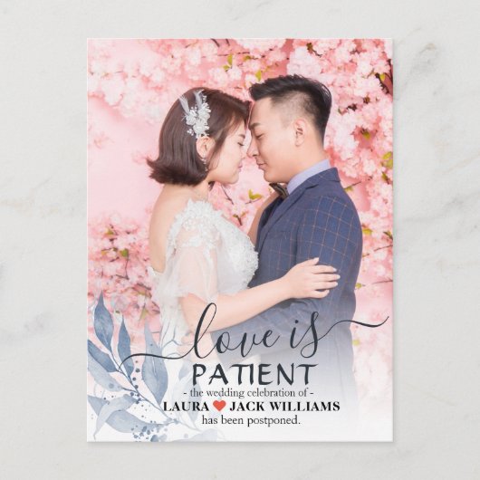 Love is Patient Blue Leaf Wedding Postponed Photo Aankondigingskaart (Voorkant)