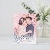 Love is Patient Blue Leaf Wedding Postponed Photo Aankondigingskaart (Staand voorkant)