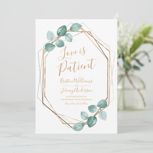 Love is Patient Eucalyptus Gold Script Photo Save The Date (Staand voorkant)