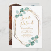 Love is Patient Eucalyptus Gold Script Photo Save The Date (Voorkant / Achterkant)