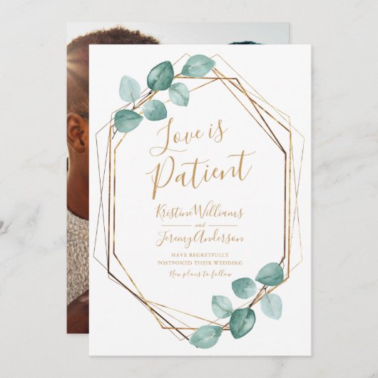Love is Patient Eucalyptus Gold Script Photo Save The Date (Voorkant / Achterkant)