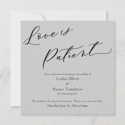 Love is Patient Grey Postponed Wedding Kaart (Voorkant)