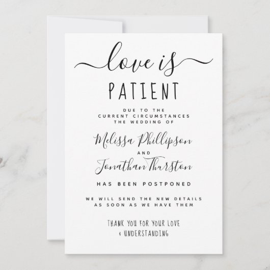 Love is Patient Hand Lettered Wedding Postponement Kaart (Voorkant)