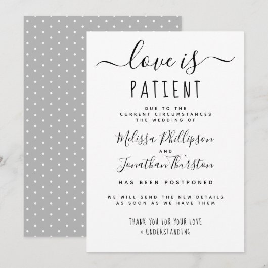 Love is Patient Hand Lettered Wedding Postponement Kaart (Voorkant / Achterkant)