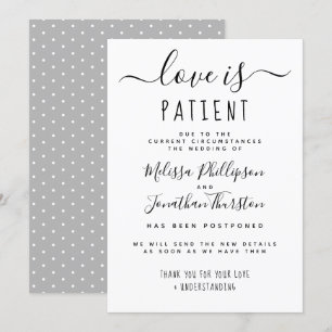 Love is Patient Hand Lettered Wedding Postponement Kaart