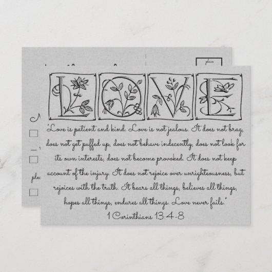 Love is Patient-Kind-Not Fails~Scripture~Wedding Briefkaart (Voorkant / Achterkant)