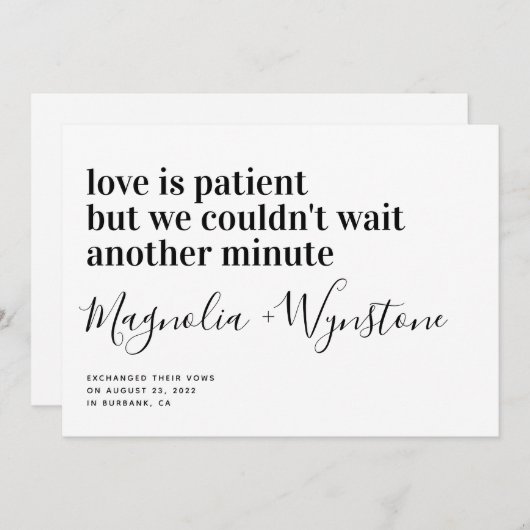 Love is Patient Modern Typography Elopement Aankondiging (Voorkant / Achterkant)