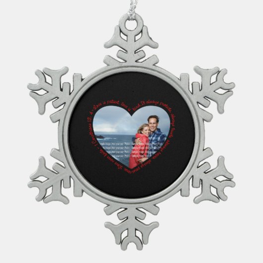 Love is Patient Photo Heart Black & Red Tin Sneeuwvlok Ornament (Voorkant)