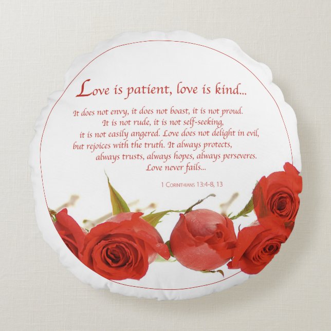 Love is Patient Red Rose Rond Kussen (Voorkant)