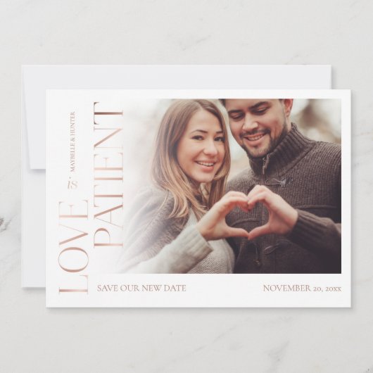Love is Patient Roos Gold Burgundy Florals Foto Save The Date (Voorkant)