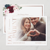 Love is Patient Roos Gold Burgundy Florals Foto Save The Date (Voorkant / Achterkant)