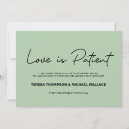 Love is Patient Sage green Wedding Postponement Kaart
