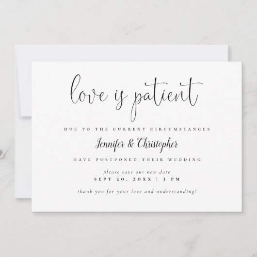 Love is Patient Script Photo Wedding Postponement Kaart (Voorkant)