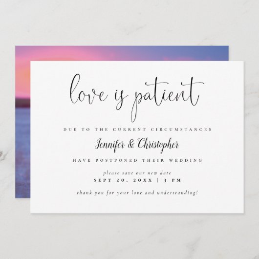 Love is Patient Script Photo Wedding Postponement Kaart (Voorkant / Achterkant)